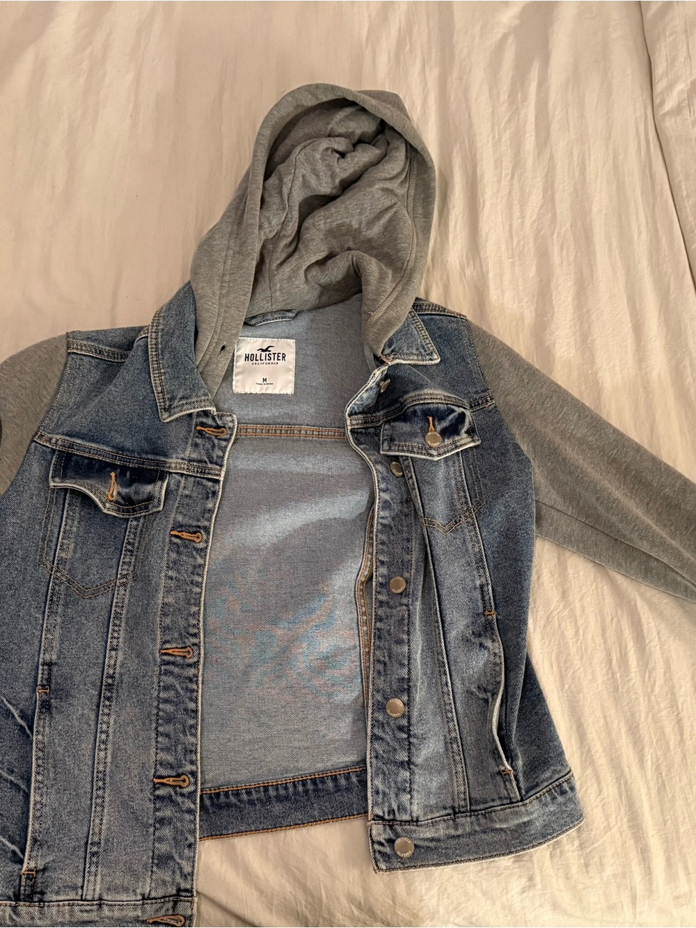 Hollister Girls Blue Denim Jacket with Gray Hooded Sleeves